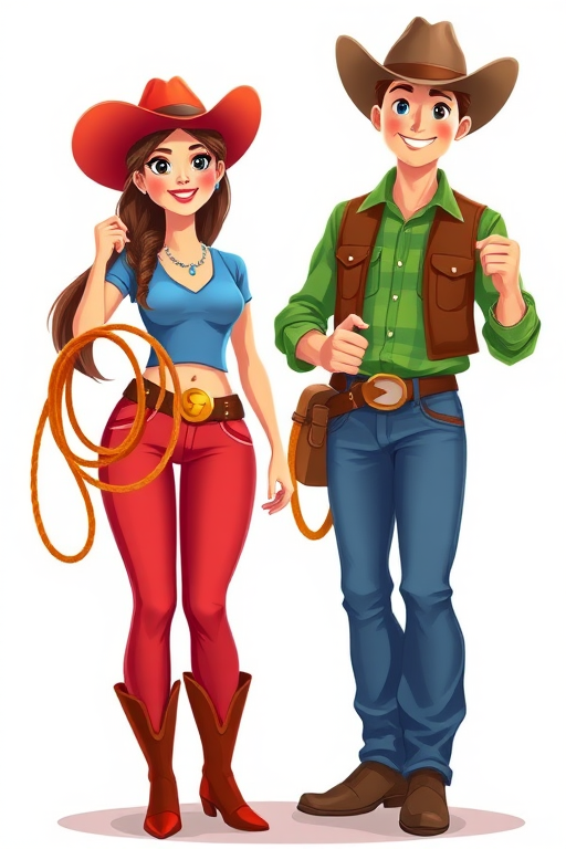 Create a vibrant cartoon-style illustration of a cowboy couple, with the woman in a blue top, red pants, and boots holding a lasso, and the man in a green shirt and blue jeans with a rope, set against a clear background, captured using a high-resolution digital camera, 50mm lens at f/2.8, with a soft focus effect to enhance colors.