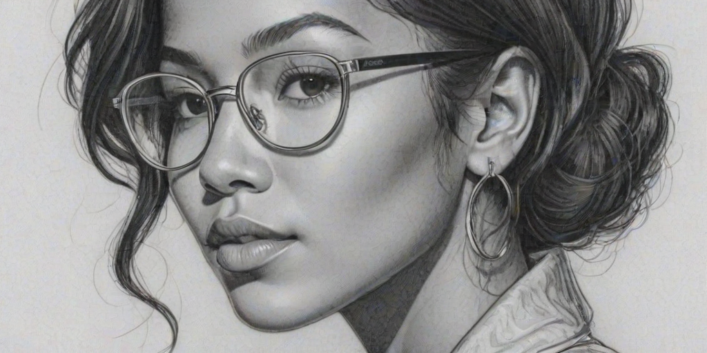 Stunning Jhene Aiko, pencil sketch, portrait of Pleasing woman 1944s in glasses, hair style beatnik, outline, clear lines, fine lines, 8k