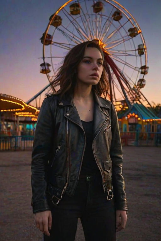 Deserted amusement park at dusk, rusted rides standing silent, a woman in a leather jacket explores cautiously, her footsteps echoing softly in the still air.