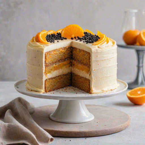 Generate an image of a layered cake with a soft orange frosting. The cake has three visible layers, with a light texture and small poppy seeds throughout. The top is decorated with orange slices and the frosting has a smooth finish. The cake is displayed on a simple white plate against a neutral background.