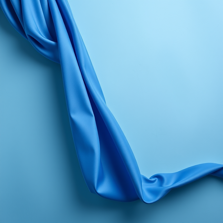 Create an image of a flowing blue fabric draped elegantly against a textured light blue background, captured with a Canon EOS R5, 85mm f/1.2 lens, aperture set to f/2.8, ISO 100, using a soft diffused lighting setup to enhance the texture and color vibrancy.