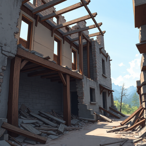 Create a high-resolution illustration of a crumbling building with exposed wooden beams and debris, using a DSLR camera with a 50mm lens, aperture set to f/2.8, ISO at 100, with a shallow depth of field to enhance focus on the structure while softly blurring the background.