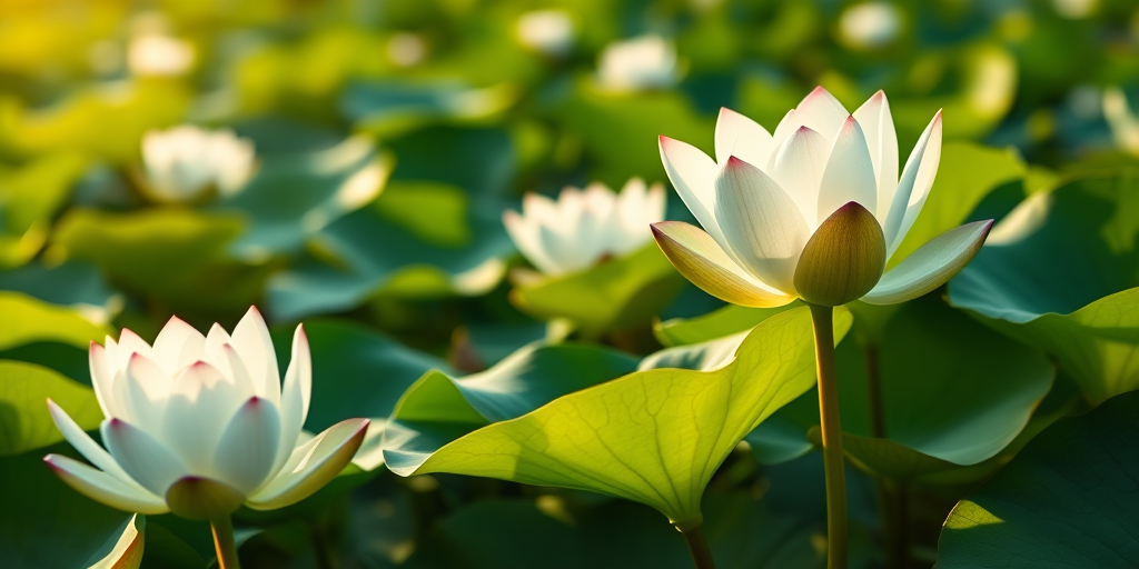 Capture a close-up shot of white lotus flowers blooming among green lily pads under soft morning light, using a DSLR camera with a 50mm lens, aperture f/2.8 for shallow depth of field, ISO 100, and a shutter speed of 1/200s to enhance clarity and detail.