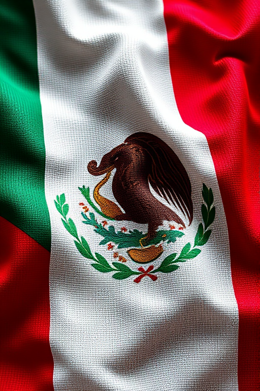 Create a high-resolution image of the Mexican flag with intricate details, using a DSLR camera at f/8 aperture, ISO 100, 50mm lens, natural light, and focus on fabric texture for vibrant colors and depth.