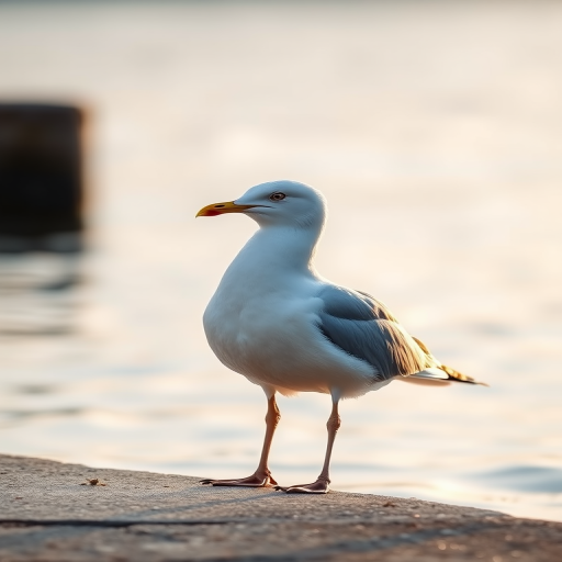 capture a seagull standing by the water's edge in soft natural light with a shallow depth of field, use a DSLR camera with a 50mm lens at f/2.8, ISO 200, and a shutter speed of 1/250s for optimal clarity and vibrant color settings