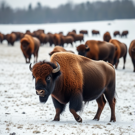Bison herd in a snowy field, taken with a Canon EOS R5, 85mm lens, f/5.6 aperture, ISO 200, shutter speed 1/500s, captured from a low angle perspective for depth and detail.