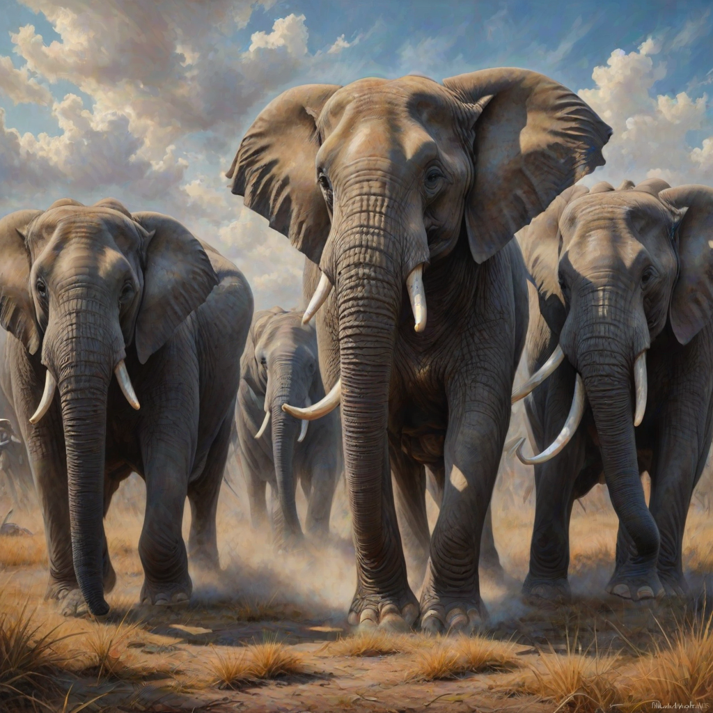 vivid colourful hyper-realistic Oil Painting. a charging group of many large angry elephants. A huge dominating bull elephant leads with huge white tusks ears. Includes a  baby elephant.  Lots of swirling dust whirling around them rising high and being kicked by their feet. Dark dramatic blue-grey fills the sky with warm breaking through. Colourful oil painting style. dry grass on the ground on each side. dark soft graduated band across top of picture. Warm colour. Art Look added in Topaz.