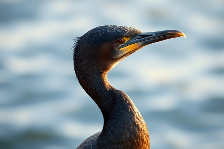 Capture a close-up of a cormorant perched by the water, soft natural light, using a DSLR camera with a 200mm lens, aperture set at f/4, shutter speed 1/200s, ISO 200, static view with a shallow depth of field to emphasize the bird against a blurred background.