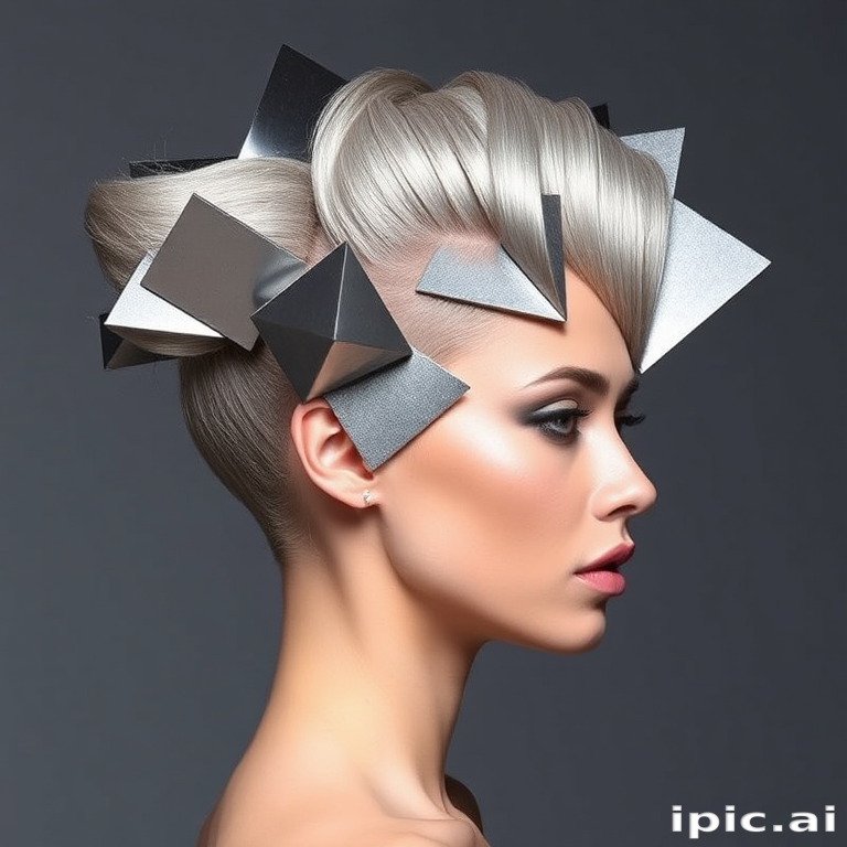 Avant-garde model showcasing an architectural updo with geometric shapes and angles, colored in a striking metallic silver