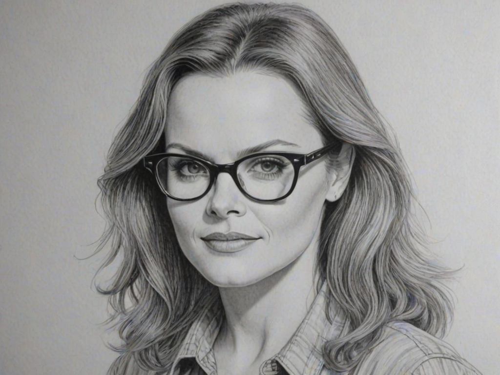 Delightful Belinda Carlisle, pencil sketch, portrait of Charming woman 1978s in glasses, hair style beatnik, outline, clear lines, fine lines, 8k