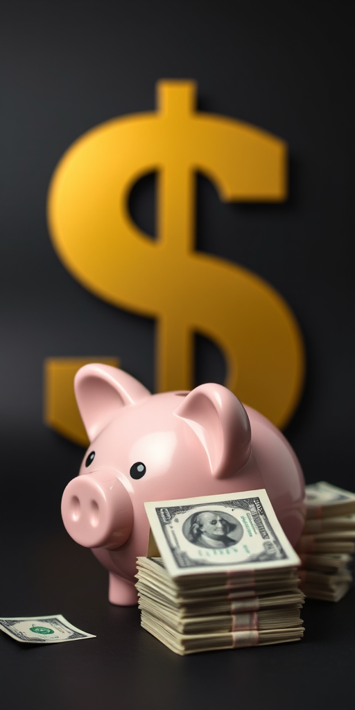 Create an image of a pink piggy bank next to neatly stacked bundles of hundred-dollar bills with a large gold dollar sign in the background, using a DSLR camera with a 50mm lens, aperture f/2.8, ISO 100, and a focused depth of field to enhance image quality, in a well-lit studio setting with a black backdrop.