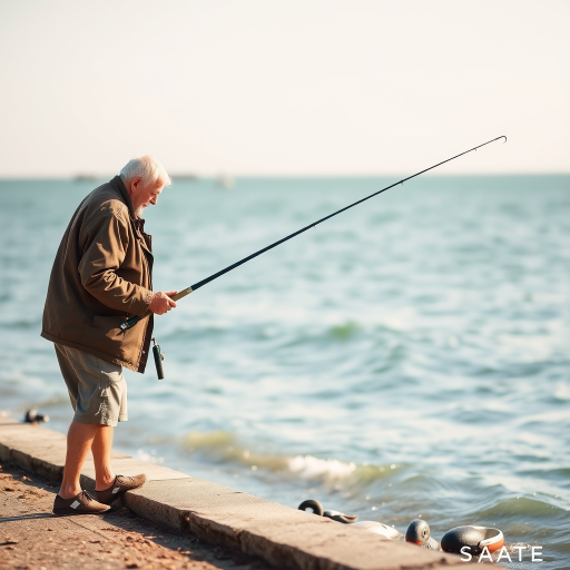 Capture an elderly man fishing by the shore on a bright sunny day, using a shallow depth of field, natural lighting, a focal length of 50mm, ISO 100, aperture f/2.8, in a landscape orientation with a soft pastel color palette.