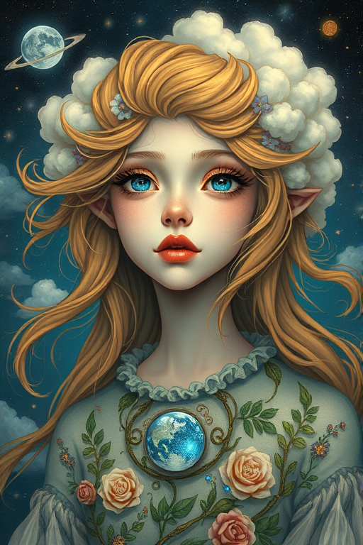 Create a series of imaginative portraits where each subject is infused with elements of fantasy and nature. The hair of the individuals should flow like clouds, varying from soft, fluffy cumulus to wispy cirrus strands, with hints of color reflecting a sunset or a clear blue sky. The eyes should be windows to entire galaxies, with stars, nebulae, and distant planets visible within them. Clothing should be adorned with nature motifs, such as floral patterns that bloom and change, vines that seem to grow and wrap around, or feathers that shimmer with iridescence. Each portrait should capture a unique personality, blending human features with the ethereal beauty of the natural and cosmic world. The backgrounds can vary, from starry night skies to enchanted forests, adding depth and context to the magical realism of the portraits