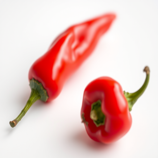 Create a high-resolution image of a vibrant red chili pepper on a white background with a macro lens, f/2.8 aperture, 100mm focal length, ISO 100, close-up view, soft natural lighting, and a shallow depth of field to enhance details and colors.