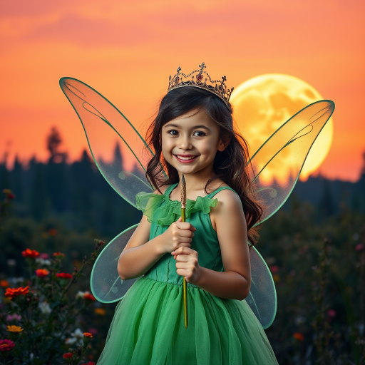 A vivid photo  taken under a bright camera flash of a fantastical scene set against a backdrop of a forest during sunset. The main subject is a girl dressed as a fairy, adorned with translucent wings and a green dress, holding a wand, her face is happy, and she wears a crown on her head. The forest behind her is a blend of flowers, shrubs and trees. The sky is painted in hues of orange and pink, with a large, glowing moon casting a warm glow over the scene. The overall color palette is dominated by earthy tones.