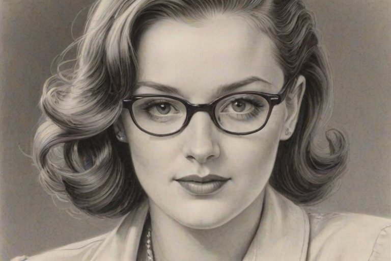 Delightful Charlotte Ritchie, pencil sketch, portrait of Gorgeous woman 1943s in glasses, hair style beatnik, outline, clear lines, fine lines, 8k