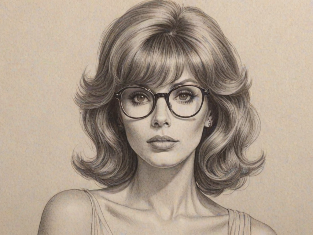 Fetching Tina Louise, pencil sketch, portrait of Gorgeous woman 1978s in glasses, hair style beatnik, outline, clear lines, fine lines, 8k