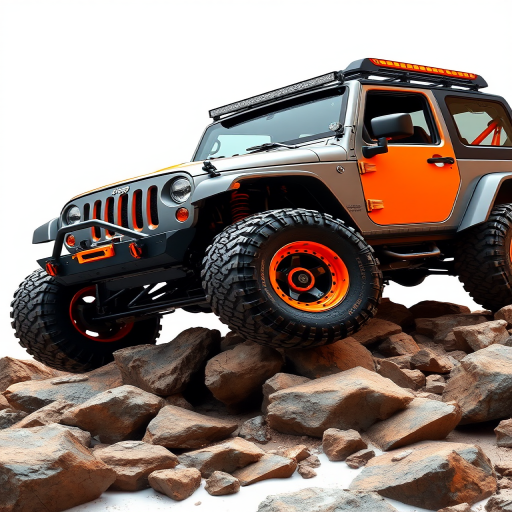 off-road vehicle illustration featuring a lifted Jeep with orange accents climbing rocks, high dynamic range, 50mm lens, f/2.8 aperture, ISO 100, in a studio setting with soft box lighting for enhanced detail and clarity
