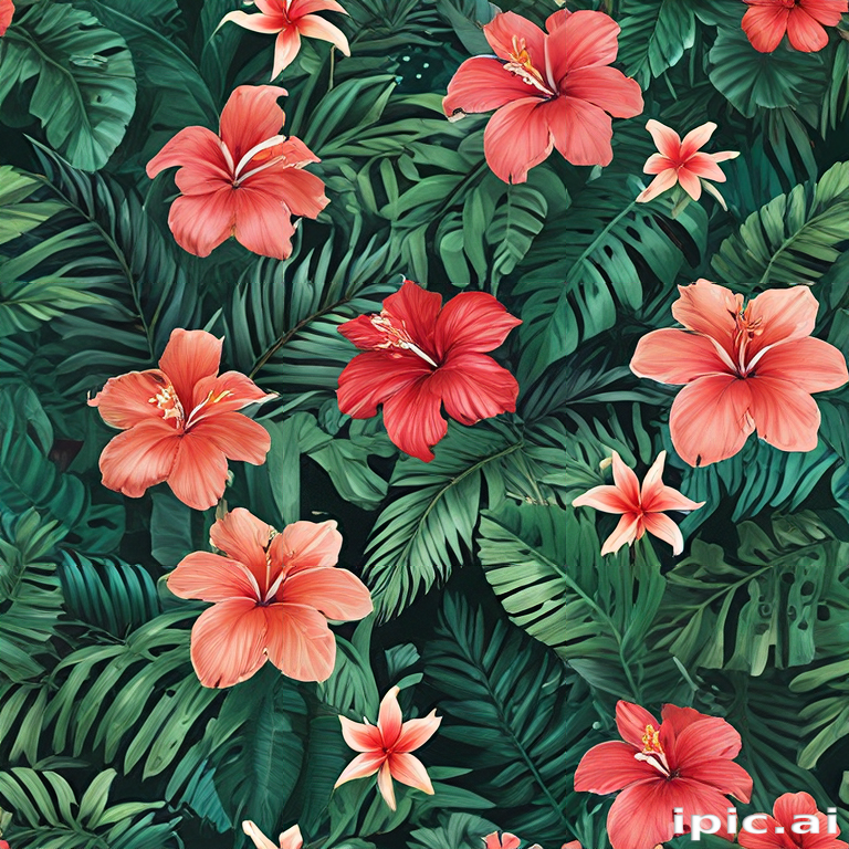 Vibrant Tropical Floral Pattern Featuring Lush Green Leaves and ...