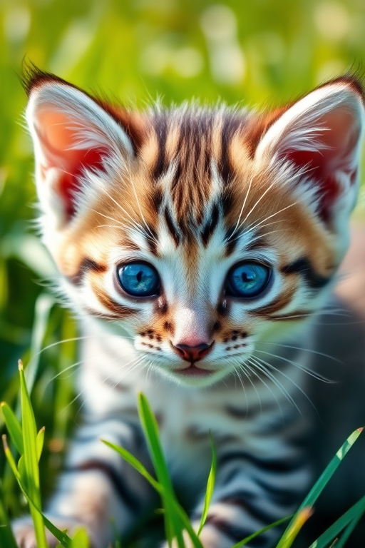 A close-up shot of an adorable kitten with striking blue eyes and a soft striped coat, capturing the intricate details of its fur against a lush green grass background, taken with a DSLR camera at f/1.8, ISO 200, and a shutter speed of 1/500 sec, using natural light for a warm and vibrant atmosphere.