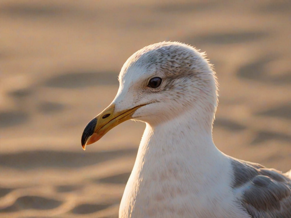 a close-up of a young seagull standing on a sandy beach with soft lighting during golden hour