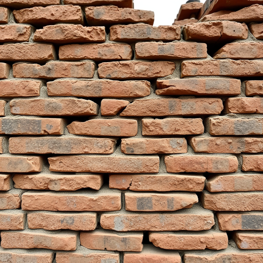 Regenerate the image of a weathered brick wall or ruin with high detail, captured at f/8 aperture, ISO 100, 1/250 sec shutter speed, in a 35mm lens, using a DSLR camera with a shallow depth of field from a slightly low angle view to emphasize texture and structure against a blurred background.
