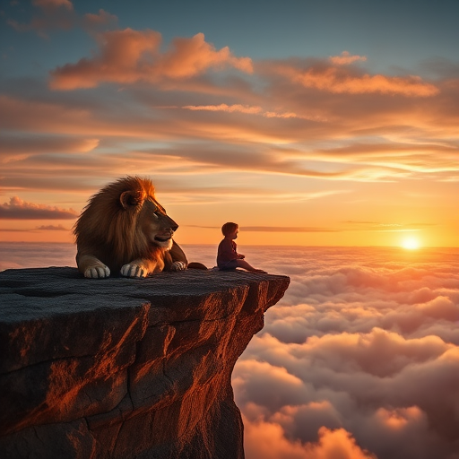 capture a dreamlike scene of a giant sleeping lion beside a child sitting on a cliff above clouds at sunset with soft focus, f/2.8 aperture, 50mm lens, DSLR camera, golden hour lighting
