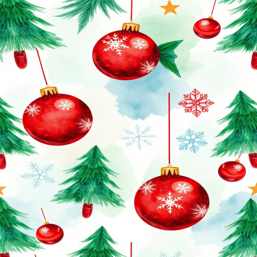 a festive watercolor pattern featuring Christmas trees, ornaments, and snowflakes in shades of green, red, and blue, high-resolution, shot with a Canon EOS R5, 50mm lens, f/1.8, ISO 100, natural light, top-down view