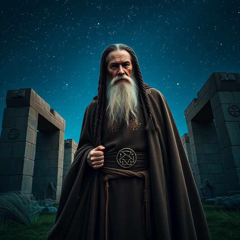 Generate a high-resolution image of a wise old man with long braided hair and a beard, wearing a cloak adorned with Celtic symbols, standing amidst ancient stone structures under a starry night sky, captured with a Canon EOS R5, 50mm f/1.2 lens, ISO 100, f/2.8, 1/125s, with soft lighting and enhanced color contrast.