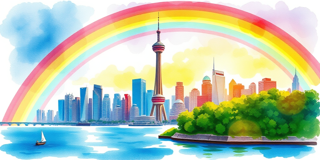 Create a vibrant watercolor illustration of a city skyline featuring a prominent tower, with a rainbow arching over the scene, incorporating lush greenery around the water's edge, using a DSLR camera with a 50mm lens, f/2.8 aperture, ISO 100, 1/125s shutter speed, shot at a low angle to emphasize the height of the buildings, focusing on vivid color saturation and sharp detail.