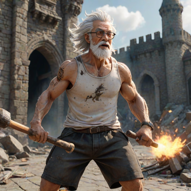 Cartoon 3D High-Resolution,dynamic battle scene using Unreal Engine 5 and Octane Render. The scene features back of an elderly, thai man with a beard,messy hair and round golden-rimmed glasses. He is wearing a tattered tank top with soot marks, shorts, and sandals. sweating. he wields a baseball bat. He jump to fight with a white fire-breathing Europe dragon amidst a partially destroyed stone castle. Include intense flames, smoke, and debris to enhance the dramatic effect.
