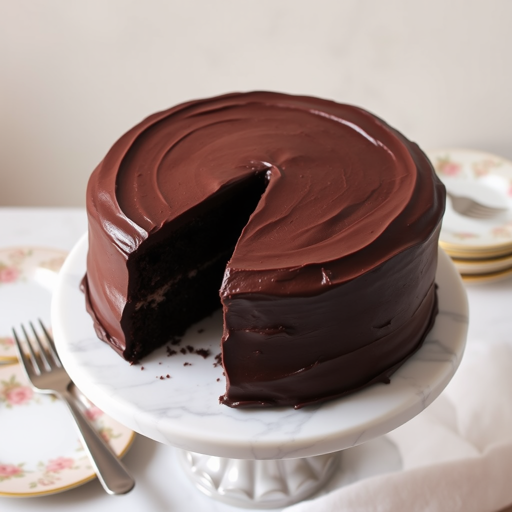 Create an image of a rich chocolate cake with smooth chocolate frosting. The cake should be round and appear moist, with a slice removed to show its fluffy interior. Place the cake on a marble cake stand, with a soft, neutral background. Include decorative plates and a small fork beside the cake for an inviting presentation.