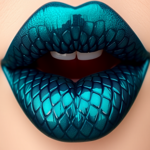 Deep teal lips with "Mermaid's Tail" style, featuring a glossy finish and iridescent scales-like pattern, creating a mesmerizing and mythical appearance