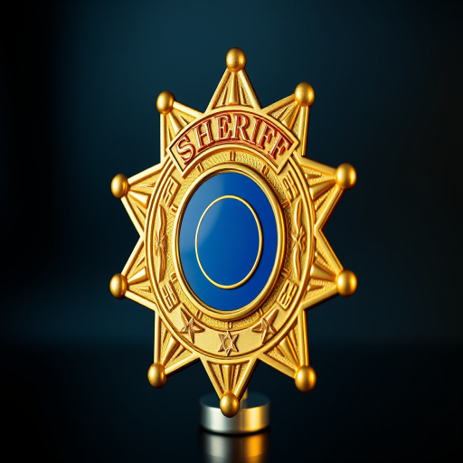 Create a high-resolution image of a sheriff badge featuring a golden star shape with intricate details, a central blue circle outlined in red, vibrant colors, taken with a DSLR camera at f/2.8 aperture, ISO 100, 50mm lens, in a well-lit studio setting, using a shallow depth of field for clarity and emphasis on the badge.