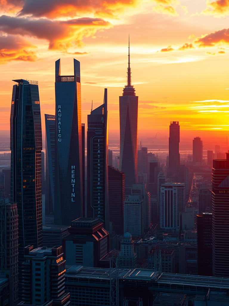 Create a high-resolution image of a futuristic city skyline at sunset, using a DSLR camera with a 50mm lens, aperture f/1.8, ISO 100, and shutter speed 1/200 sec, capturing the vibrant colors and intricate architectural details from a slightly elevated angle.