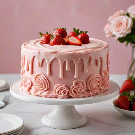 Create an image of a round cake with a smooth pink frosting. The cake should have a glossy white chocolate drip effect around the edges. Decorate the top with swirls of cream and fresh strawberries arranged neatly. Place the cake on a decorative white cake stand, with a soft, blurred floral background.