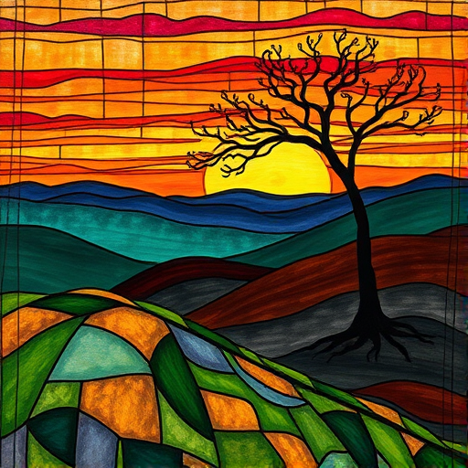 A vibrant abstract painting on Tiffany Glass, blending acrylic and alcohol ink techniques, captures a dramatic sunset over rolling hills. The artwork features a textured, rocky foreground in green and brown, layered abstract hills, and a striking sunset in rich oranges, yellows, and reds. A solitary black tree with intricate branches contrasts against the fiery sky, creating a dynamic and expressive portrayal of a breathtaking natural scene.