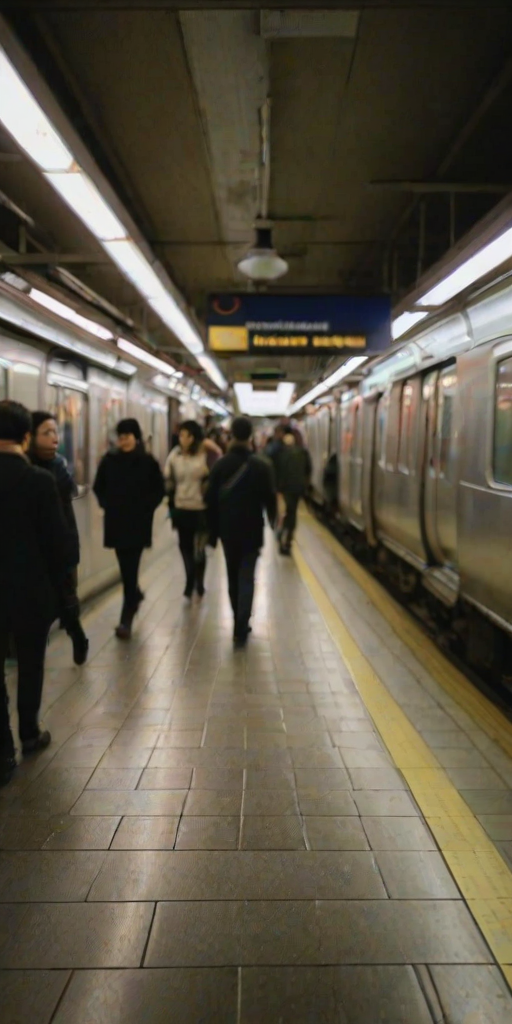 Blurry candid shot of a busy subway platform at rush hour, commuters rushing past, with soft fluorescent lights overhead and a faint reflection of the scene on the glossy floor tiles.