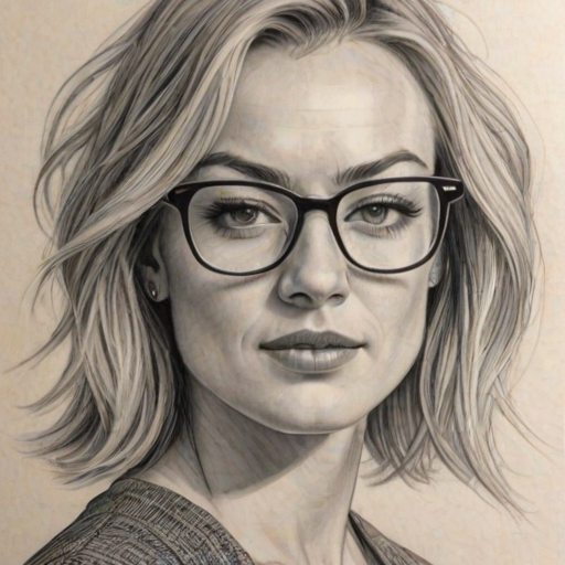 Enticing Yvonne Strahovski, pencil sketch, portrait of Splendid woman 1976s in glasses, hair style beatnik, outline, clear lines, fine lines, 8k