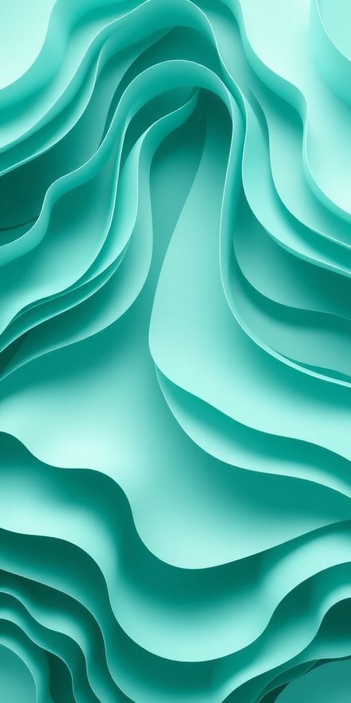 generate an abstract design of layered wavy shapes in various shades of teal and mint green, soft lighting, shallow depth of field, high-resolution, captured with a DSLR camera at f/2.8, ISO 100, 50mm lens, top-down view