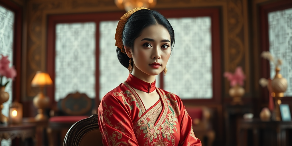A beautiful Indonesian woman in traditional East Asian attire, intricately detailed with embroidered patterns, sitting gracefully in a richly decorated room, soft ambient lighting, serene and elegant, ultra-realistic, 8K resolution
