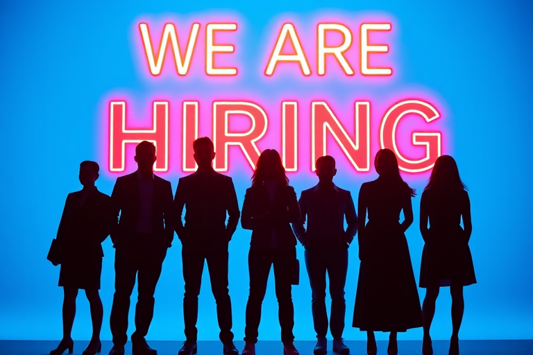 Create an image of a professional hiring announcement featuring silhouettes of five diverse figures standing together against a vibrant, glowing blue background, with bold neon text that reads "WE ARE HIRING" above them; use a DSLR camera with a 50mm lens at f/1.8, ISO 200, and a shutter speed of 1/200 sec, shooting from a straight-on perspective for sharp focus and dramatic depth.