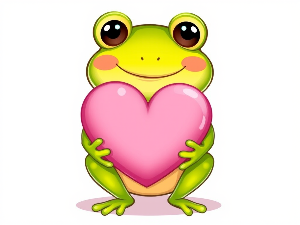 Create a cute cartoon frog character with a smiling face and rosy cheeks holding a large pink heart in its hands against a simple white background. The frog should have a friendly and cheerful expression, and the style should be playful and colorful.