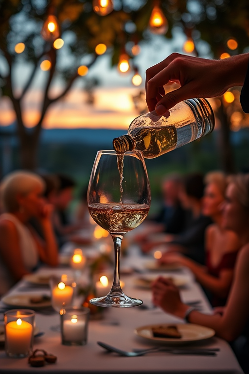 Capture an outdoor dinner scene at sunset with guests elegantly dining, a hand pouring wine into a glass, soft bokeh effect in the background, f/2.8 aperture, ISO 100, 50mm lens, natural light photography, DSLR camera.