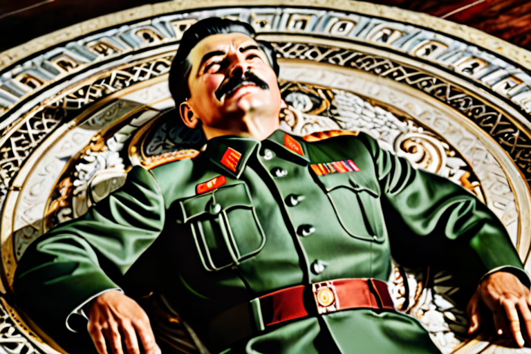 Josef Stalin with closed eyes laying on back near table on the floor ...