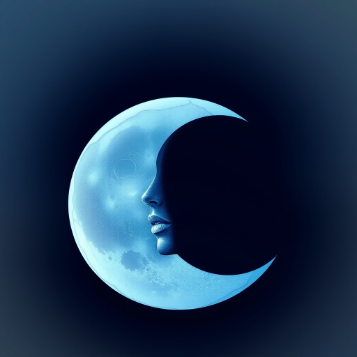 Create a detailed illustration of a crescent moon with a serene female face incorporated into its shape, ensure smooth gradients in shades of blue, focus on intricate textures representing lunar craters, shot with a Canon EOS 5D Mark IV, 50mm lens at f/2.8, ISO 100, with a soft focus background to highlight the moon face.
