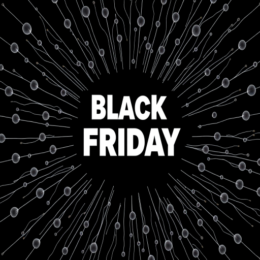 Create an image featuring the text "Black Friday" in bold white font at the center, surrounded by radial lines resembling sperm, with a high contrast black background, using a DSLR camera, aperture set to f/2.8, shutter speed 1/60s, ISO 100, high dynamic range for enhanced clarity.
