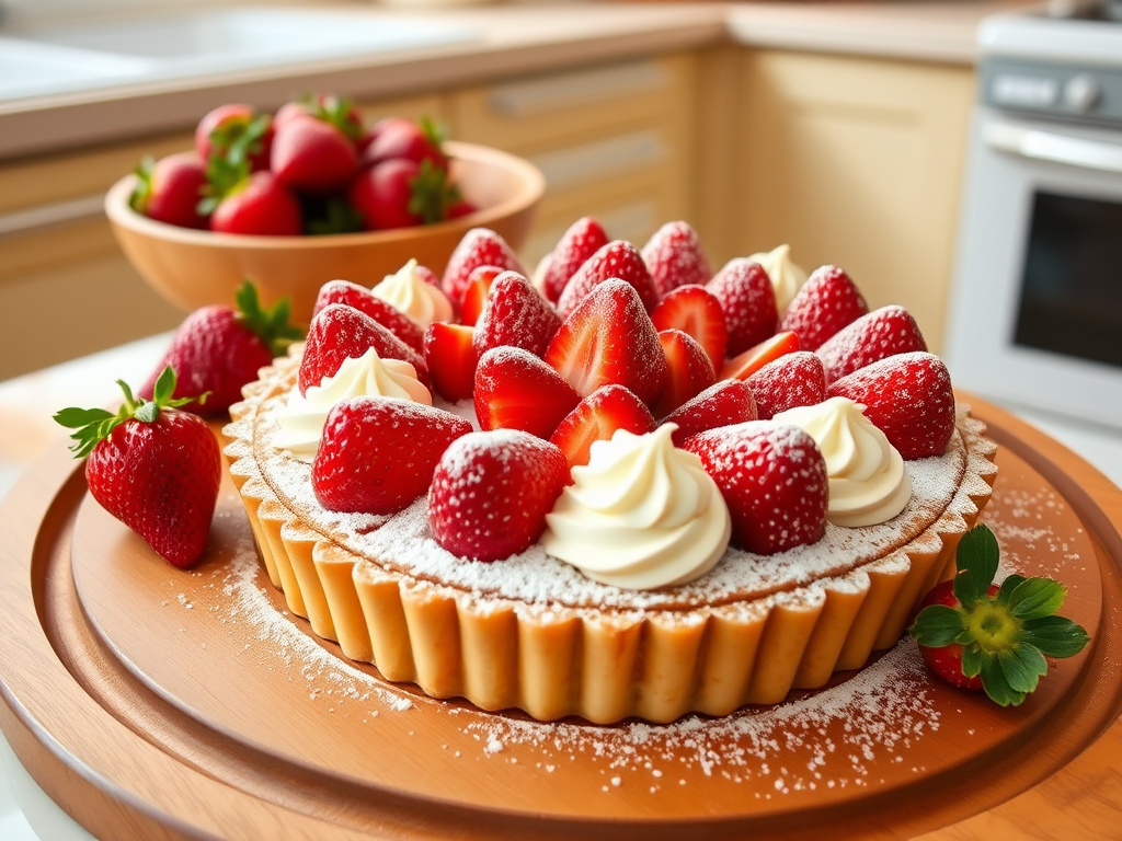 A beautifully crafted strawberry tart topped with whipped cream and dusted with powdered sugar, placed on a wooden serving platter, with fresh strawberries on the side and a bright kitchen background.
