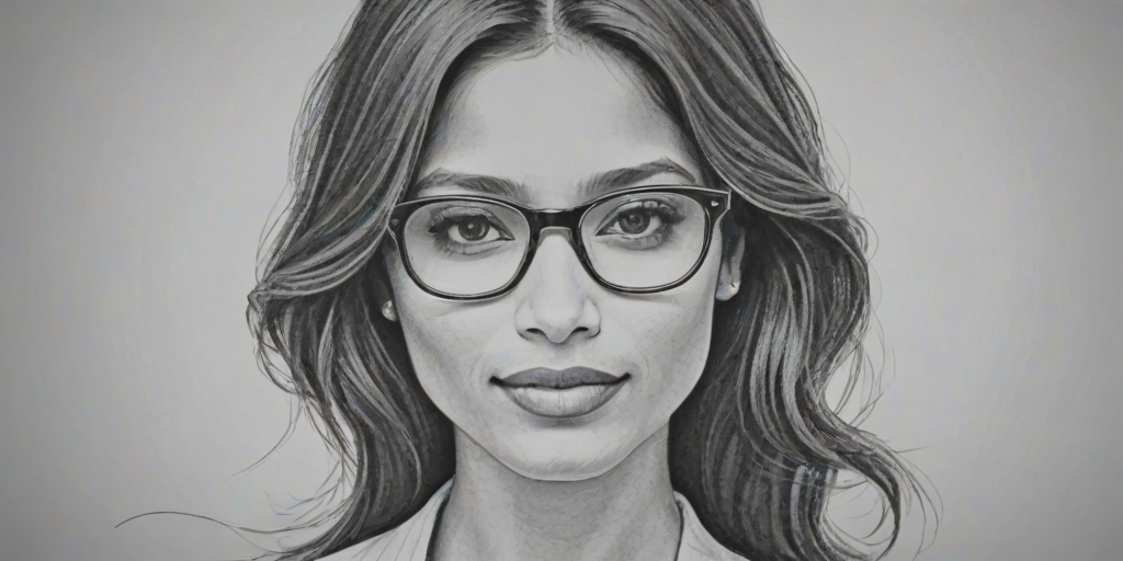 Graceful Freida Pinto, pencil sketch, portrait of Delightful woman 1958s in glasses, hair style beatnik, outline, clear lines, fine lines, 8k