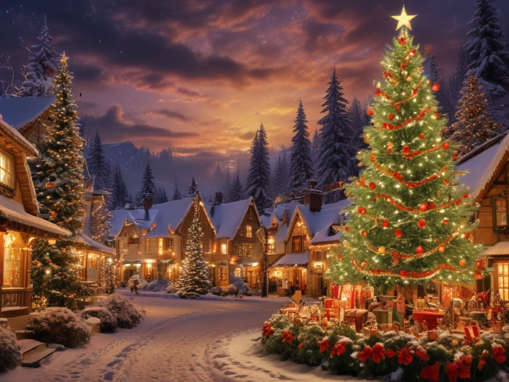 A Cozy Winter Evening in a Charming Christmas Village with Snow.